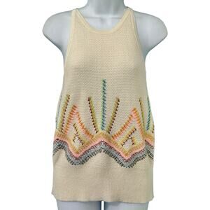 Anthropologie Cream Rainbow Cross Stitch Sunrise Embroidered Knit Tank Top Sz XS